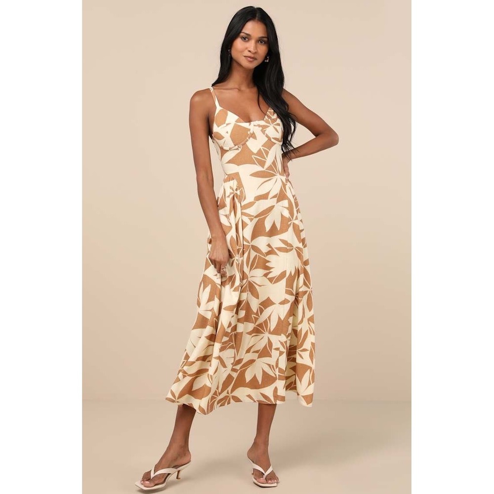 Lulus Tropical Leaf Print Bustier Midi Dress Tan‎ Cream Linen Blend Summer S - Picture 5 of 14